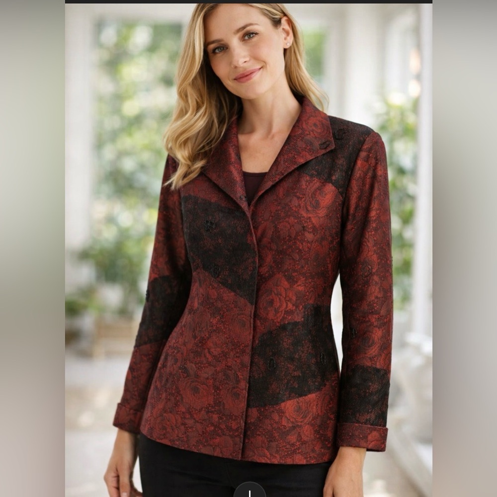 Coldwater Creek Red Black Embellished Floral Jacket